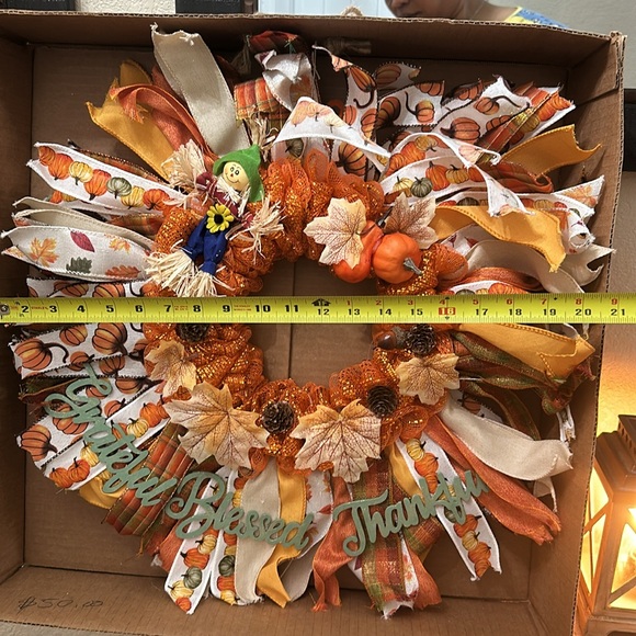 Handmade Fall Wreath with Rustic Scarecrow and Pumpkin Accents - Picture 4 of 4